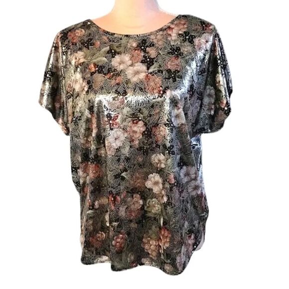 Vintage 80s 90s Gold Green Floral Art Deco Metallic Satin Blouse Large - Picture 6 of 16